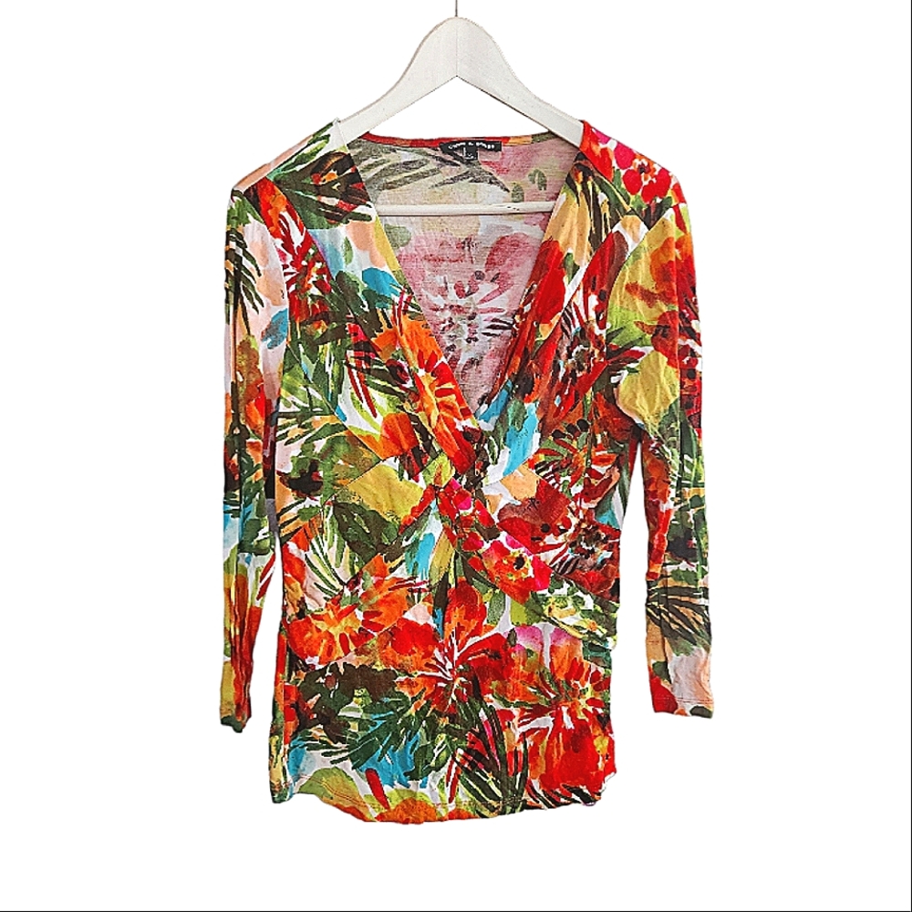 Cable & Gauge Floral Cinched V Neck 3/4 Sleeve Blouse